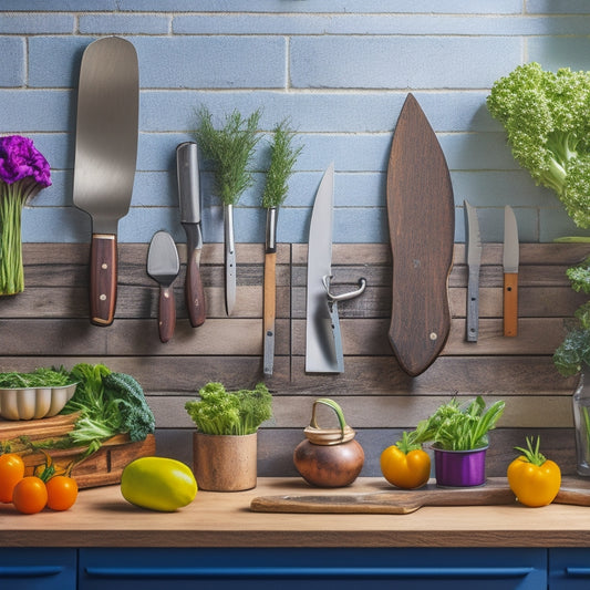 A cozy kitchen featuring a sleek, budget-friendly magnetic knife rack mounted on a wooden wall, showcasing various knives in an organized manner, surrounded by fresh herbs, colorful vegetables, and sunlit countertops.