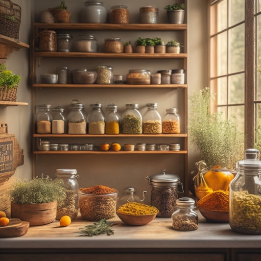 A cozy small kitchen with a wall-mounted spice rack, featuring neatly arranged glass jars labeled with colorful spices, a rustic wooden countertop, and vibrant herbs in pots, all bathed in warm, natural light.