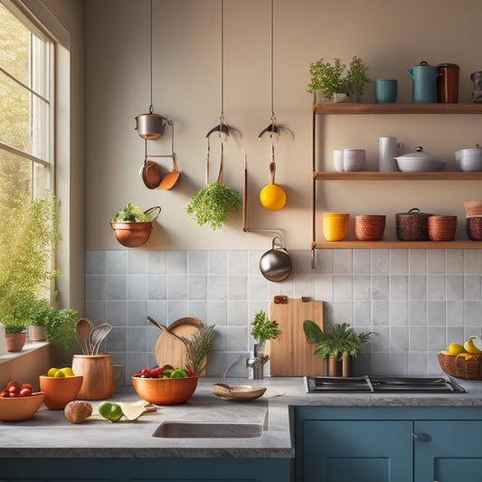 A cozy kitchen featuring a sleek, wall-mounted pot rack adorned with colorful hanging pots and pans. Sunlight filters through a nearby window, casting warm shadows on a minimalistic countertop and stylish backsplash.