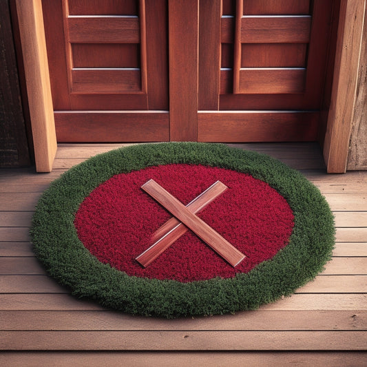 An illustration of a wooden welcome mat with a green checkmark, surrounded by wood shavings and a small wooden door with a sign featuring a red "X" over a hazardous waste symbol.