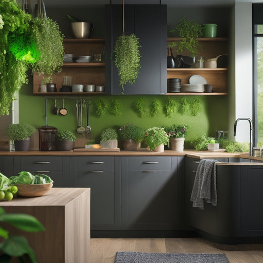 A sleek, modern kitchen showcasing elegant under-cabinet rechargeable lighting illuminating vibrant green herbs and fresh vegetables on a wooden countertop, with eco-friendly materials and a warm, inviting atmosphere.