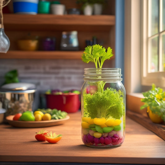 A vibrant, overflowing mason jar filled with a rainbow of fresh, lush sprouts, surrounded by a halo of soft, natural light and a blurred background of a wooden kitchen countertop.