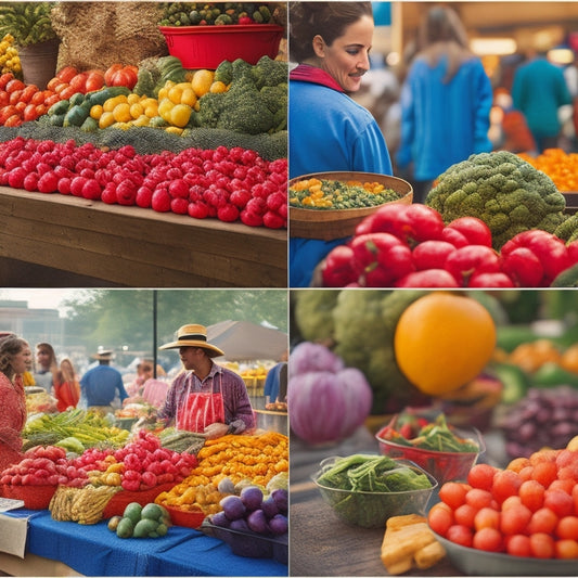 A vibrant, colorful scene showcasing a bustling farmer's market with diverse fresh produce, locally-sourced artisanal foods, and happy community members of all ages gathering and enjoying healthy meals together.