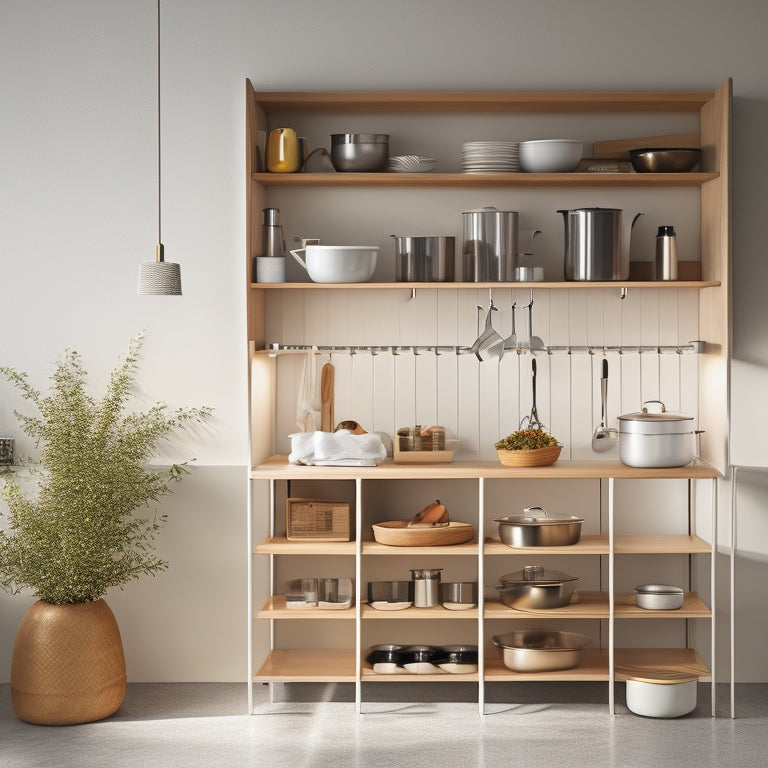 A modern, minimalist kitchen with a small footprint, featuring a wall-mounted pot rack, a slide-out spice cabinet, and a compact, multi-tiered cart with baskets and utensil holders.