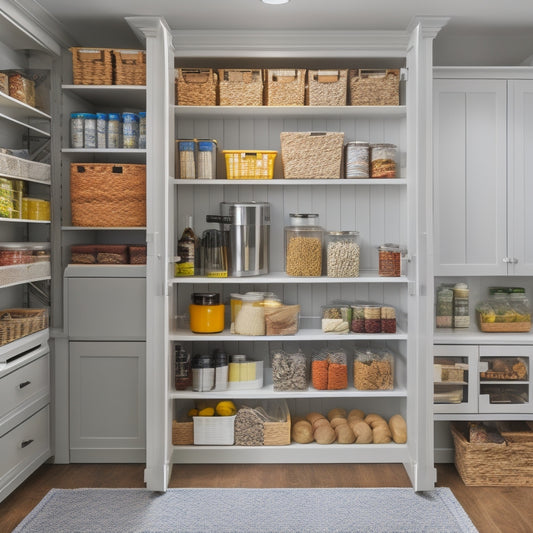 A bright, modern pantry with adjustable shelves, baskets, and containers, showcasing a categorized food storage system, with canned goods, spices, and baking supplies neatly organized and easily accessible.