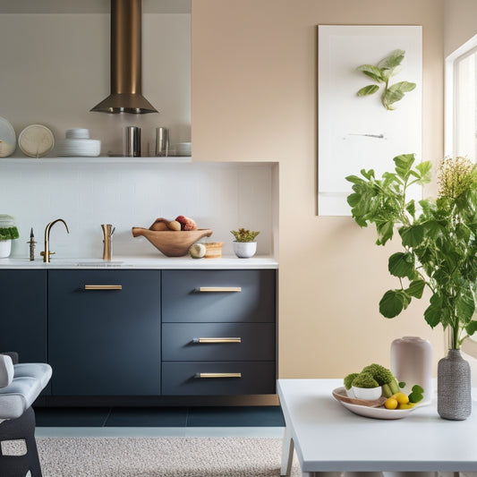 A minimalist kitchen with a large, sleek island, adorned with a few decorative vases and a tablet displaying a digital download of a kitchen decor inspiration board, surrounded by scattered design magazines.