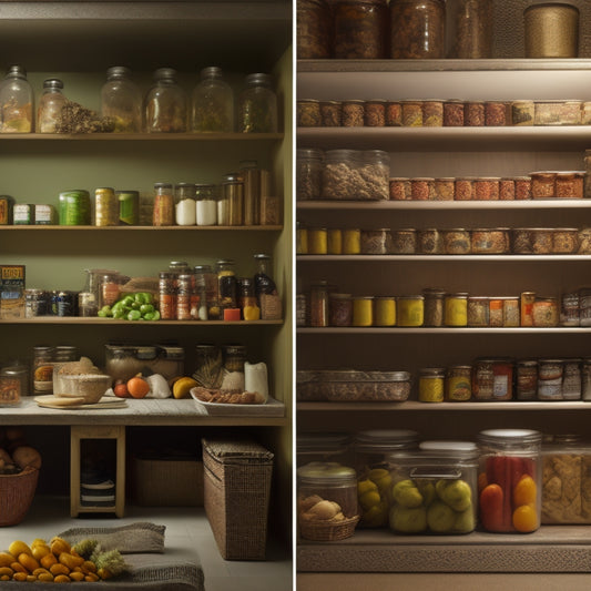 A split-screen image featuring a cluttered, dimly lit pantry with expired cans and wilted vegetables on one side, and a tidy, well-lit pantry with airtight containers, fresh produce, and organized shelves on the other.