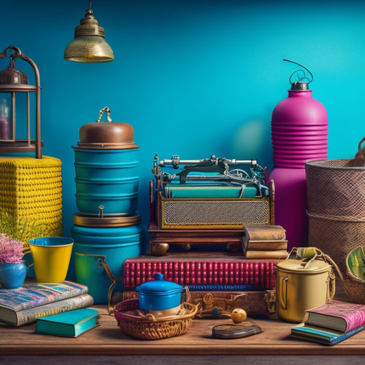 A colorful, clutter-free background with a dozen everyday items, including a vintage typewriter, a wicker basket, a metal lantern, and a stack of old books, arranged artfully to suggest creative repurposing.