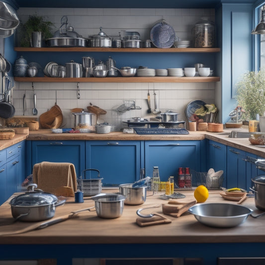 A cluttered kitchen with open cabinets, utensils scattered on countertops, and a messy island, contrasted with a subtle, blurred image of a streamlined kitchen in the background, with neat rows of utensils and appliances.