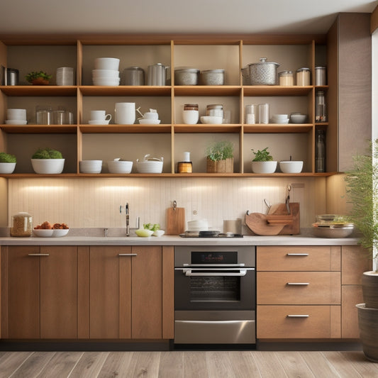 A modern kitchen showcasing sleek pull-out cabinet shelves, filled with organized pots, pans, and spices. Warm wood tones contrast with white cabinetry, illuminated by soft under-cabinet lighting, creating a functional yet stylish ambiance.