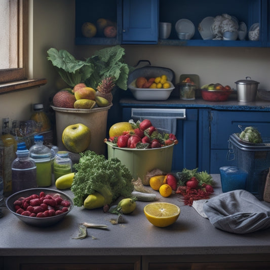 A cluttered kitchen counter with rotting fruit and vegetables, surrounded by full trash cans and a few recyclable items scattered about, contrasted with a tidy, organized recycling bin in the corner.