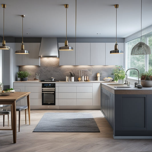 A modern kitchen with sleek, handleless cabinets in a U-shape layout, featuring a large island with a built-in cooktop, pendant lights, and a mix of open and closed storage.
