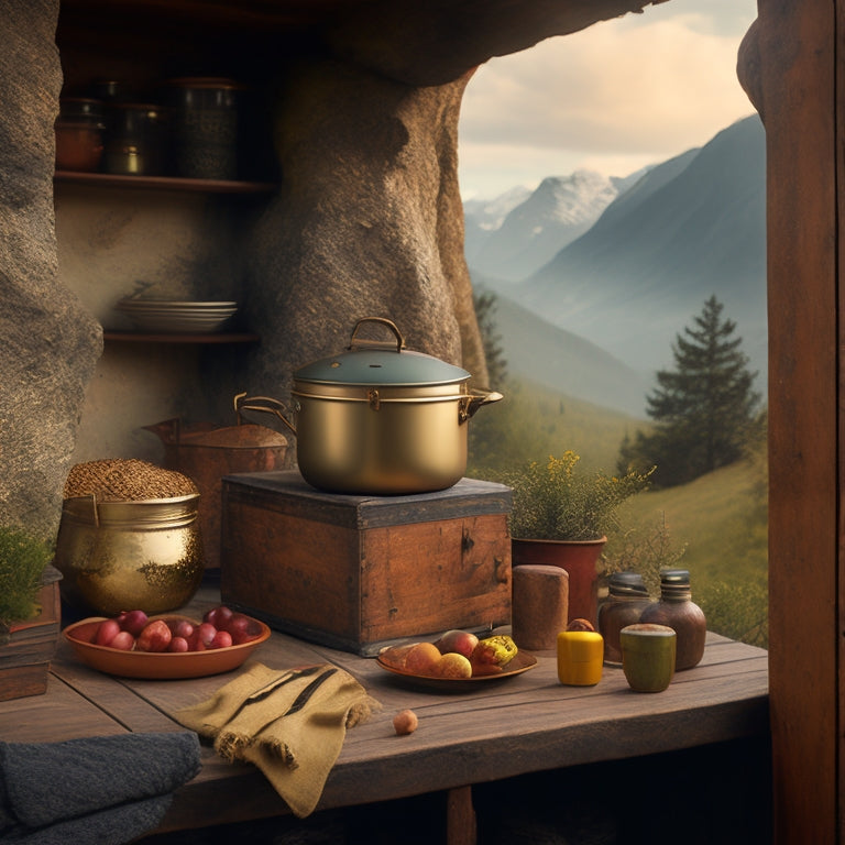 A rustic, portable pantry kitchen with a worn leather strap and brass buckle, set against a scenic mountainous backdrop with a hint of mist, surrounded by lush greenery and a few scattered rocks.