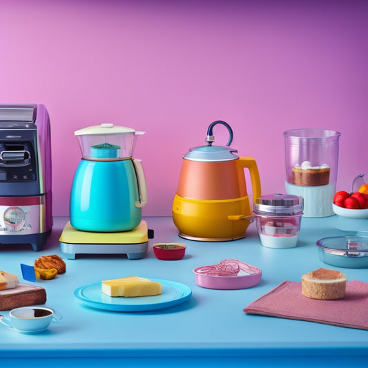 A tidy, compact kitchen counter with a toaster, blender, and coffee maker, surrounded by colorful, mismatched kitchen utensils and a few rolled-up dollar bills, against a warm, creamy background.