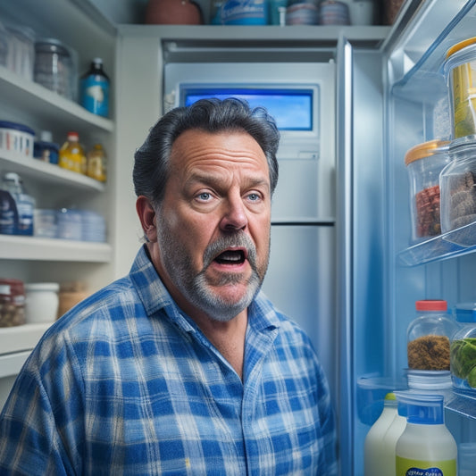 A frazzled homeowner stands in front of an open refrigerator, its shelves nearly empty and contents sweating, while a thermometer on the door displays a rising temperature, amidst a cluttered kitchen background.