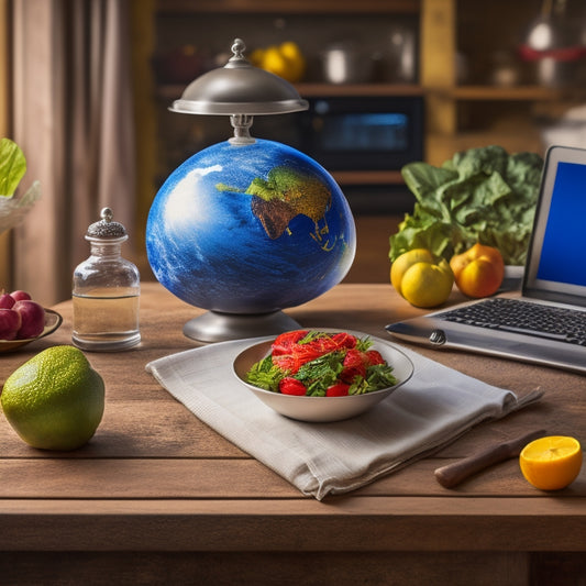 A globe with a laptop and a chef's hat on top, surrounded by utensils, ingredients, and a few fresh fruits and vegetables, with a subtle background of a kitchen or a restaurant.