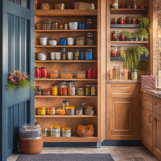 A modern kitchen featuring a sleek over-the-door spice rack, filled with colorful spice jars, neatly organized. Sunlight streams in, illuminating vibrant herbs and spices, with a rustic wooden door in the background.