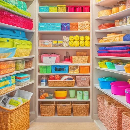 A colorful, well-organized pantry with labeled bins, baskets, and shelves, featuring a dedicated section for allergy-friendly foods, with a subtle background of a kitchen countertop and utensils.