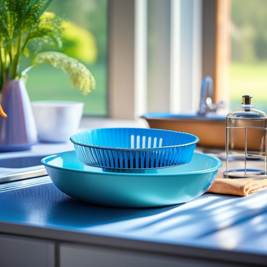 A sleek, modern kitchen scene featuring an expandable dish drainer with a foldable design, elegantly displayed next to a freshly washed stack of colorful dishes, glistening under soft natural light.