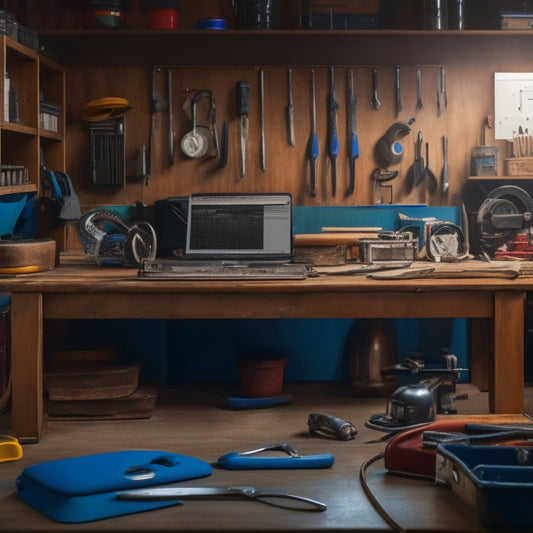 A well-organized workshop with a toolbox, wrench, and pliers in the foreground, surrounded by shelves stocked with various equipment, and a binder or tablet with a service manual open on a nearby workbench.