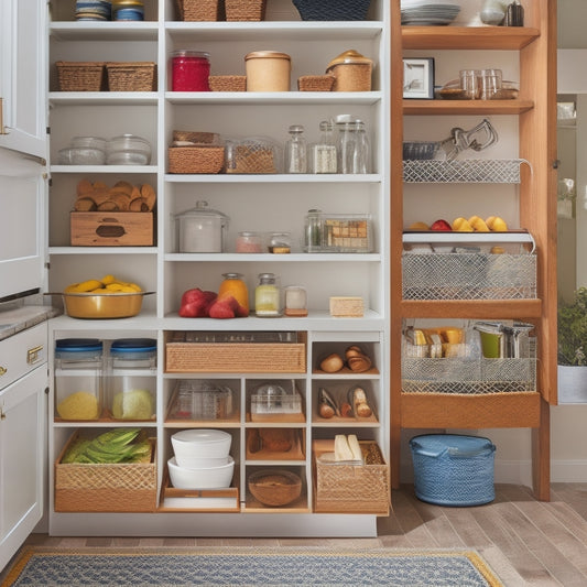 A tidy, well-lit kitchen cabinet with adjustable shelves, baskets, and dividers, showcasing organized dishes, cookbooks, and utensils, with a few cleverly stowed away items like a retractable step stool and a hidden spice rack.