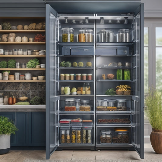 A sleek refrigerator adorned with a magnetic spice rack, featuring vibrant glass jars filled with colorful spices. The background shows a modern kitchen with wooden shelves and a hint of fresh herbs.