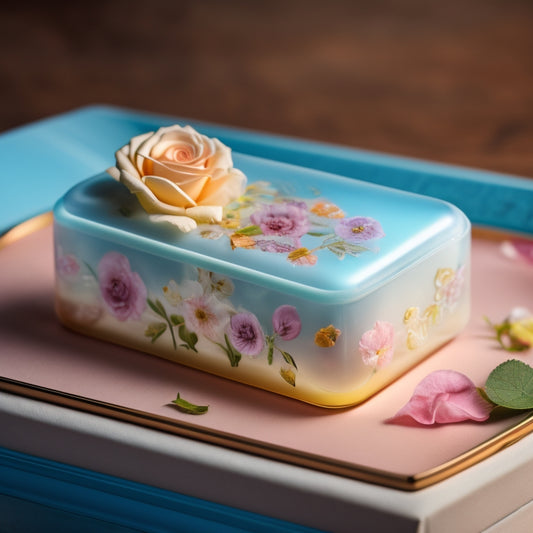 A delicate, transparent soap box with a hinged lid, adorned with colorful floral patterns and a satin ribbon, sits on a soft, white fabric background, surrounded by scattered rose petals.