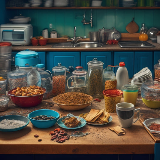 A cluttered kitchen countertop with stacks of dirty dishes, crumpled papers, and expired food containers, surrounded by tangled cords and dusty appliances, with a few forgotten coffee cups and utensils scattered on top.