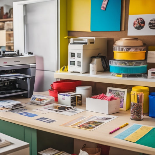 A colorful and organized workspace with a Munbyn printer in the center, surrounded by various labels, stickers, and papers of different shapes, sizes, and colors, with a few labels being printed.