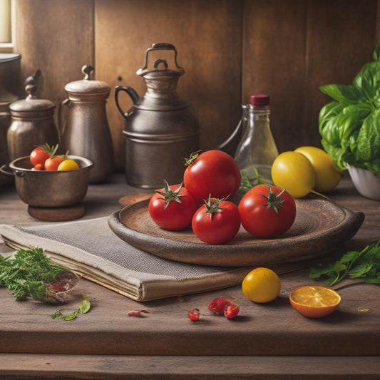 A rustic wooden table scattered with vintage kitchen utensils, surrounded by a stack of colorful cookbooks with worn covers, and a few fresh ingredients like ripe tomatoes and fresh herbs.