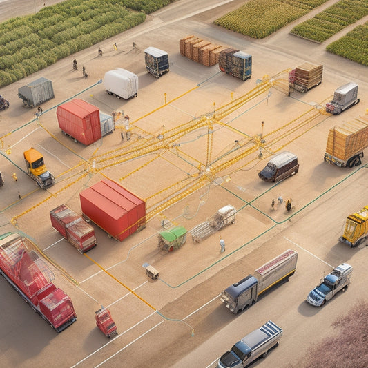 An illustration depicting a sprawling network of interconnected nodes, showcasing farmers, warehouses, transportation vehicles, wholesalers, retailers, and consumers, with arrows and lines connecting each stage of the food distribution process.