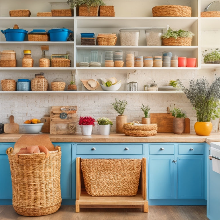 A bright, organized kitchen with a mix of open shelving, woven baskets, and repurposed containers, showcasing a functional and stylish storage solution on a budget.