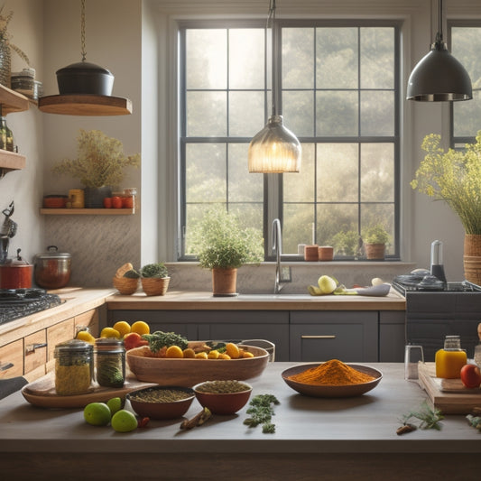 A modern kitchen featuring sleek roll-out trays stacked with colorful spices, neatly organized pots and pans, and fresh vegetables, all illuminated by warm, natural light streaming through a nearby window.