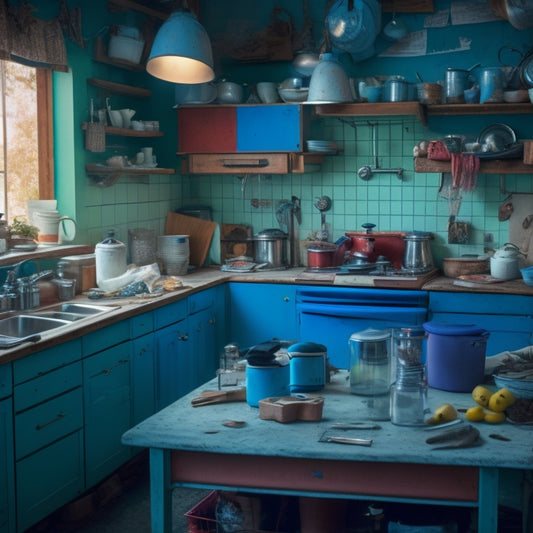 A cluttered kitchen with torn-out cabinets, scattered tools, and a half-installed sink, surrounded by crumpled blueprints and abandoned coffee cups, amidst a haze of dust and chaos.