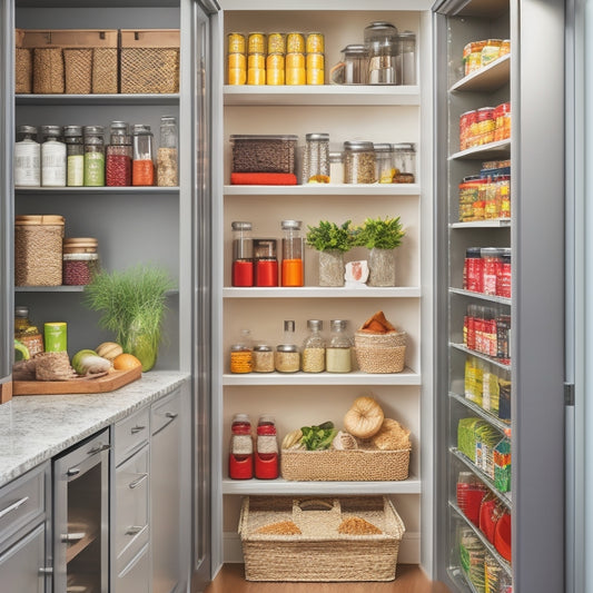 Illustrate a sleek, modern pantry closet with sliding shelves, vibrant spices in jars, organized cans, fresh produce, and neatly labeled containers, all bathed in warm, inviting light, showcasing efficient use of space.