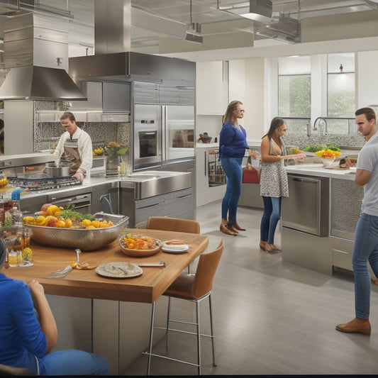 A bright, modern kitchen with a central island, stainless steel appliances, and ample countertops, featuring a group of students gathered around a chef instructor, surrounded by cooking stations and utensils.
