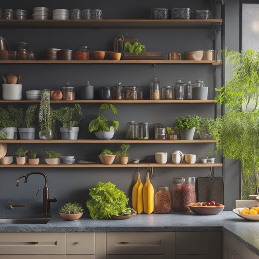 A sleek, modern kitchen featuring elegant foldable shelves adorned with various kitchenware, herbs in pots, and vibrant fruits, showcasing versatility and space-saving design under warm, ambient lighting, highlighting functionality and style.