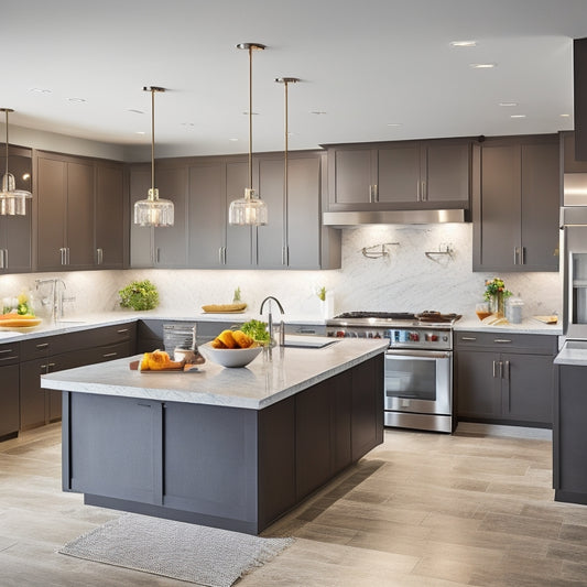 A modern kitchen with sleek, handleless cabinets in a U-shaped layout, surrounded by gleaming countertops, stainless steel appliances, and a large island with a built-in cooktop and pendant lights.