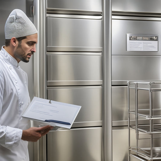 A chef in a commercial kitchen, wearing a white coat and hat, holding a clipboard with a checklist, standing in front of a stainless steel refrigerator with a certificate on the door.