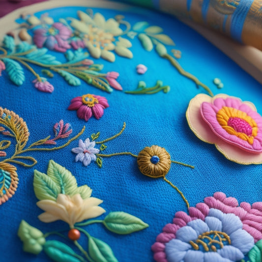A vibrant, colorful illustration featuring intricate embroidery designs inspired by various anime characters, with delicate threads, subtle shading, and ornate details, set against a soft, creamy background.