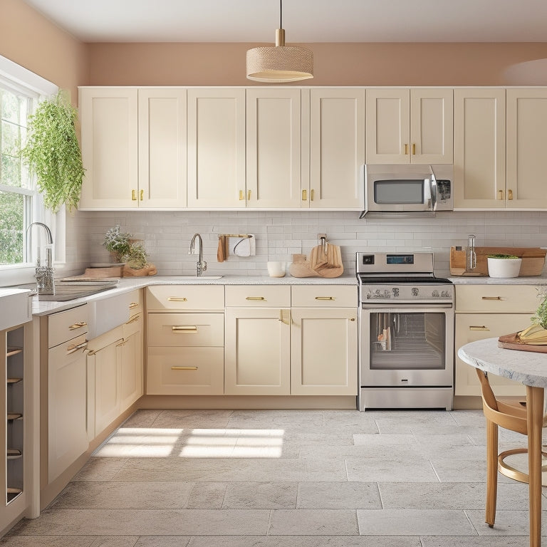 A bright, modern kitchen with sleek cabinets, featuring a corner carousel unit with baskets and shelves, alongside a pull-out trash can and a Lazy Susan turntable, all in a warm, neutral color scheme.