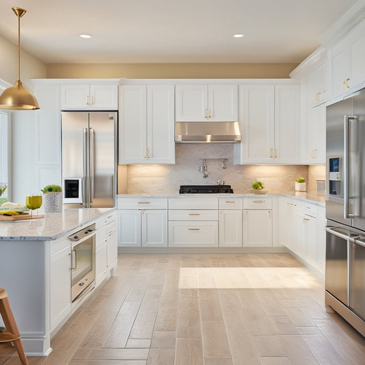 A modern kitchen with sleek, white cabinets, stainless steel appliances, and a large island, featuring a 3D layout with precise measurements and dimension lines, set against a clean, minimalist background.