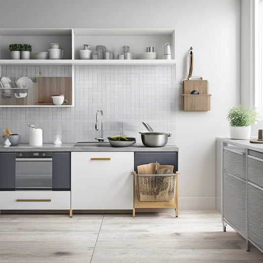 A minimalist kitchen with a sleek island, a wall-mounted utensil organizer, a pull-out trash can, and a few strategically placed baskets, surrounded by plenty of negative space.