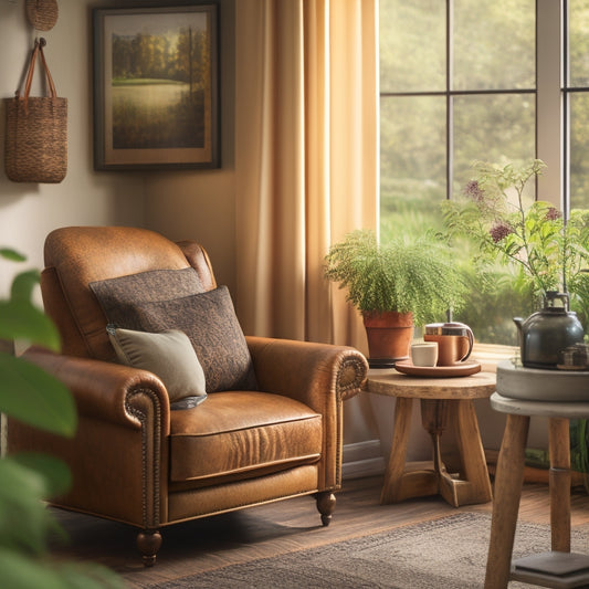 A cozy living room with a warm beige armchair, a wooden side table, and a vintage-inspired metal coffee maker on a rustic wooden shelf, surrounded by lush greenery and soft morning light.