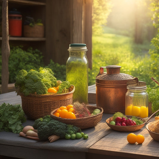 A rustic wooden table with a vintage metal canning jar, a woven basket of fresh vegetables, and a few scattered cookbooks, surrounded by lush greenery and warm, golden lighting.