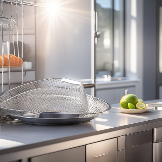 A sleek, modern over-the-door dish drainer filled with clean dishes, gleaming silverware, and vibrant dishware, suspended against a stylish kitchen backdrop, with sunlight streaming through a nearby window, casting soft shadows.