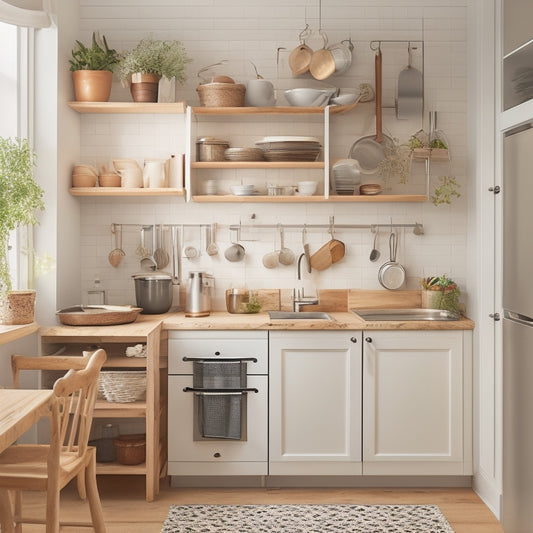 A clutter-free tiny apartment kitchen with a wooden cart on wheels, a hanging pot rack, and a pegboard with utensils, surrounded by sleek white cabinets and a compact refrigerator.