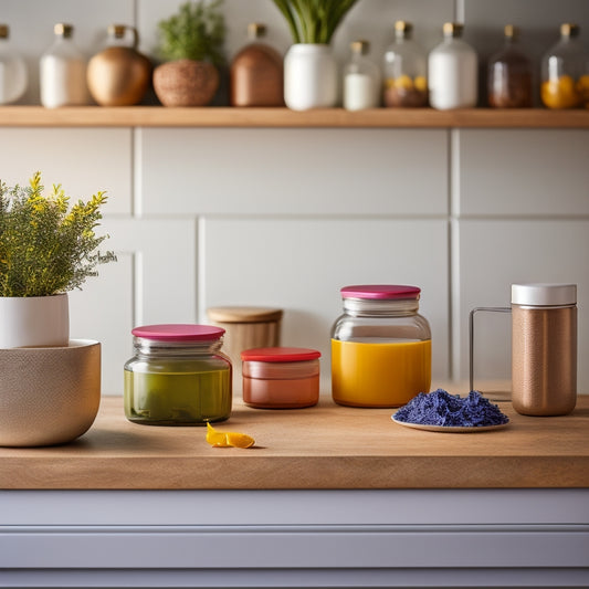 A tidy kitchen counter with 5-7 colorful, airtight containers in various sizes, arranged in a harmonious composition, surrounded by a few fresh herbs and a subtle background of marble or wood.