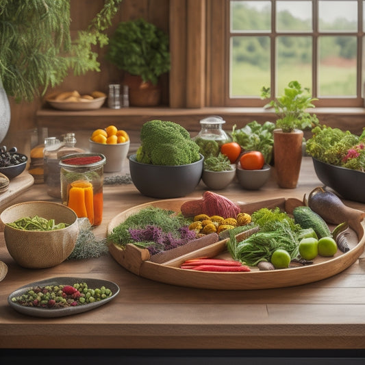 A beautifully designed eco-friendly roll-out kitchen tray made of bamboo, filled with vibrant fresh herbs, colorful vegetables, and organic spices, set against a rustic wooden countertop, surrounded by natural light filtering through a window.