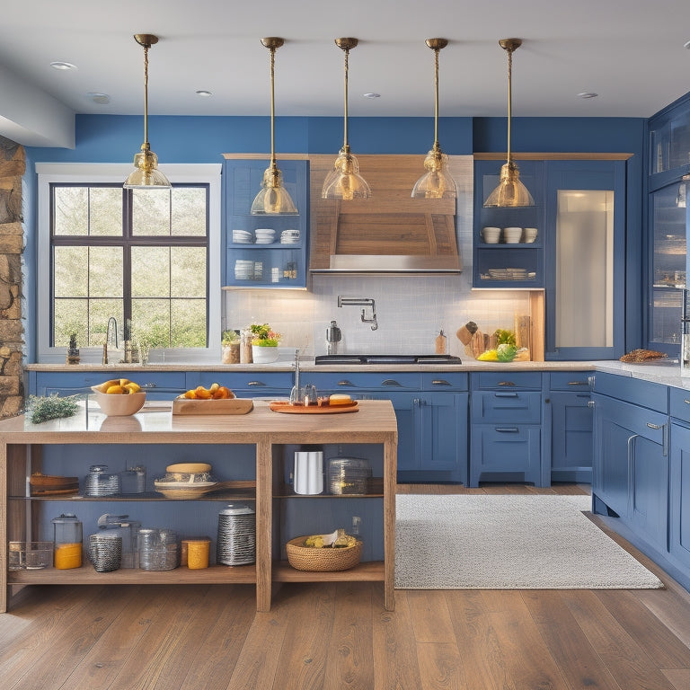 A bright, modern kitchen with sleek cabinets, warm wood accents, and a large island featuring a built-in spice rack with glass jars, pull-out drawers, and a rotating carousel.